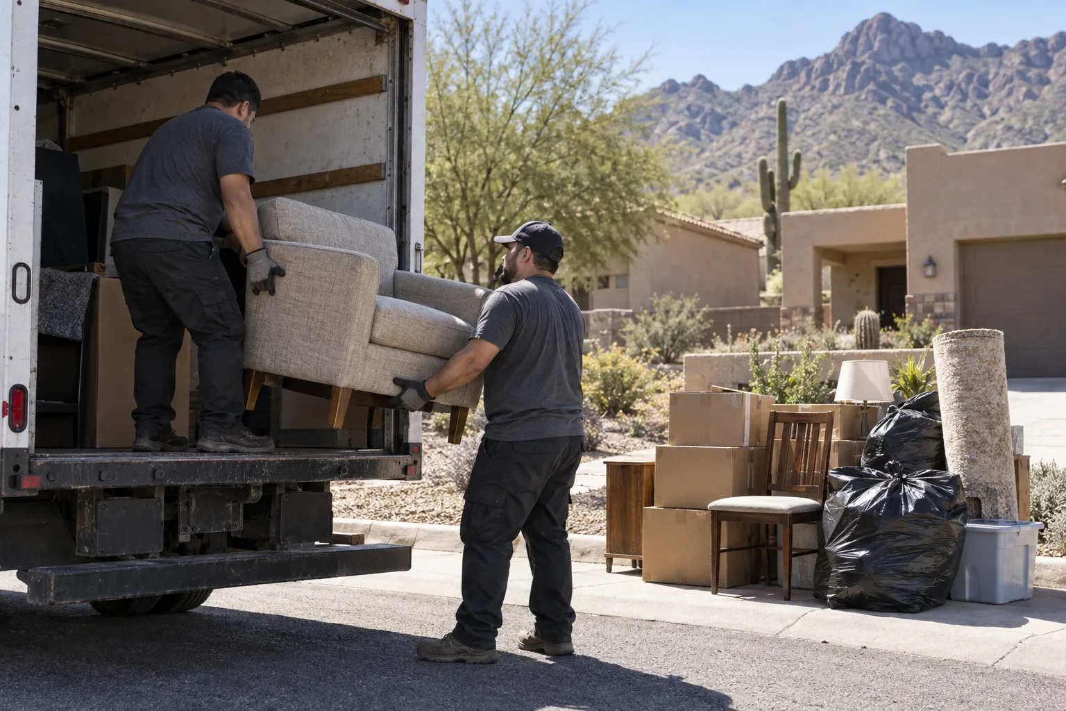 Workers loading household items into an unbranded truck
