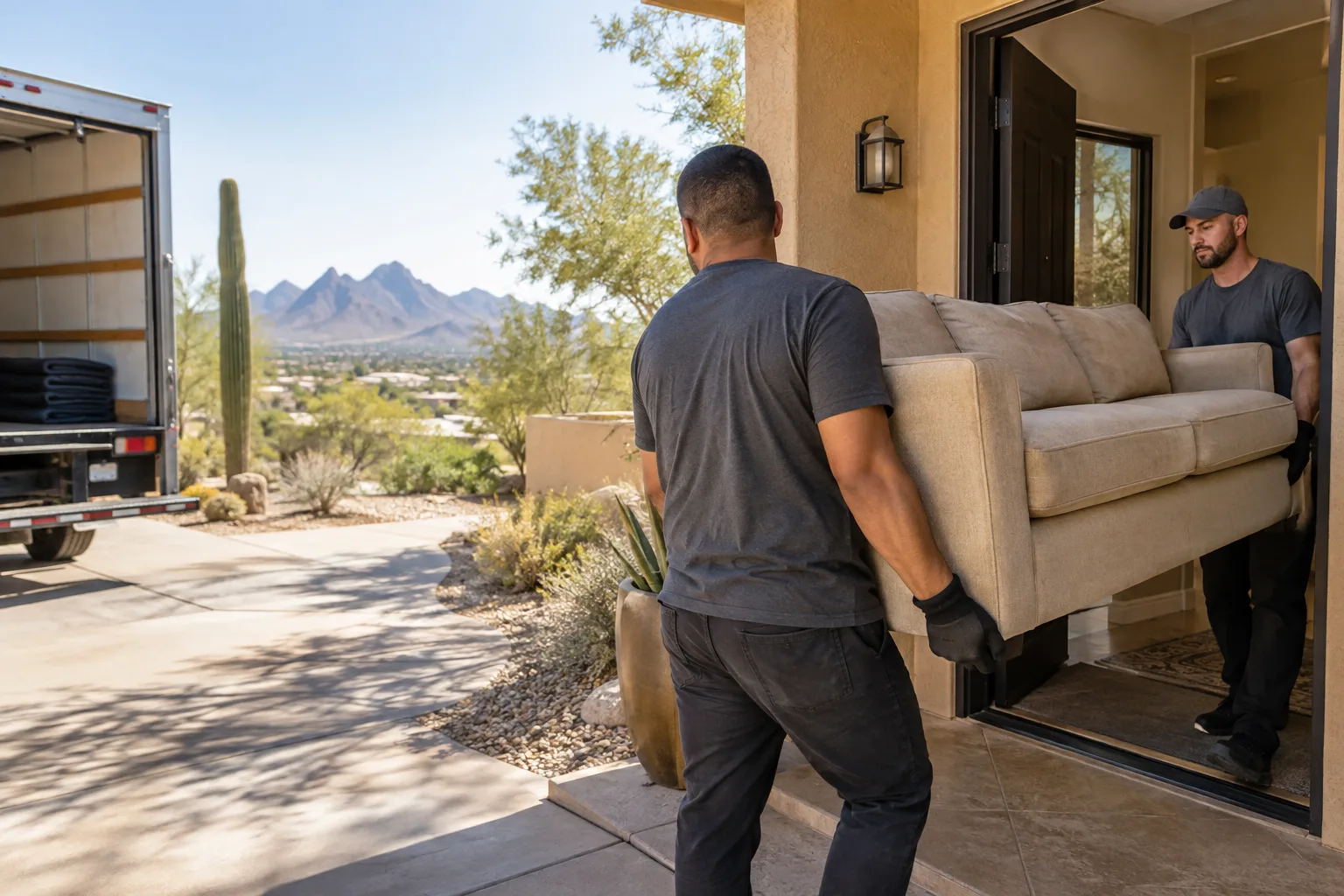 Removal workers carrying a sofa from a Tucson-style home